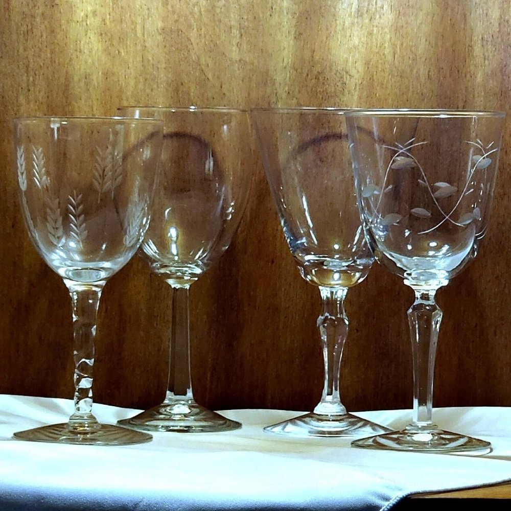 4 Vintage Mismatched Etched Crystal Fine Wine Glasses Collection stemware mix